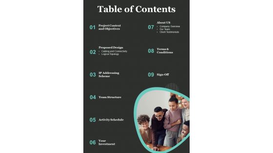 LAN Design Proposal Table Of Contents One Pager Sample Example Document