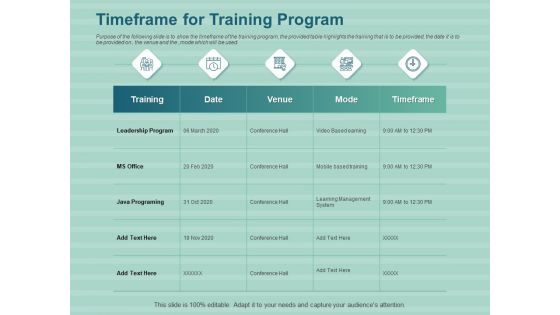 LMS Development Session Timeframe For Training Program Ppt Icon Portrait PDF