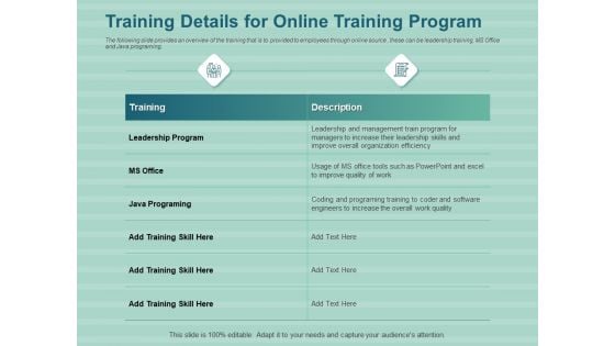 LMS Development Session Training Details For Online Training Program Ppt Gallery Guidelines PDF