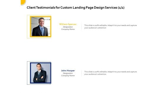 Landing Page Design Optimization Client Testimonials For Custom Landing Page Design Services Designation Brochure PDF