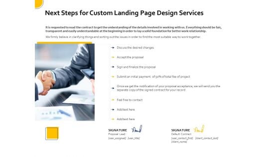 Landing Page Design Optimization Next Steps For Custom Landing Page Design Services Slides PDF