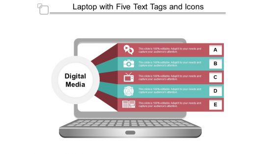 Laptop With Five Text Tags And Icons Ppt PowerPoint Presentation Infographics Graphics Template