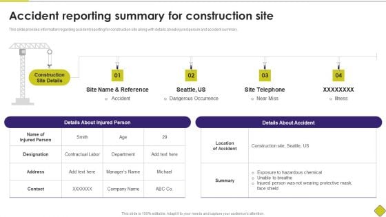 Latest Methodologies Of Construction Accident Reporting Summary For Construction Site Graphics PDF