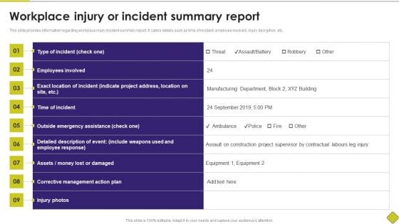 Latest Methodologies Of Construction Workplace Injury Or Incident Summary Report Formats PDF
