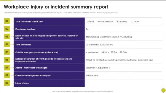 Latest Methodologies Of Construction Workplace Injury Or Incident Summary Report Formats PDF Latest Methodologies Of Construction Workplace Injury Or Incident Summary Report Formats PDF
