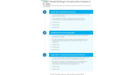 Latest Trends Existing In Construction Industry In FY 2022 One Pager Documents