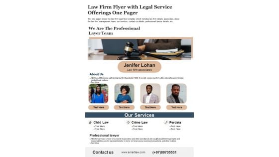 Law Firm Flyer With Legal Service Offerings One Pager PDF Document PPT Template