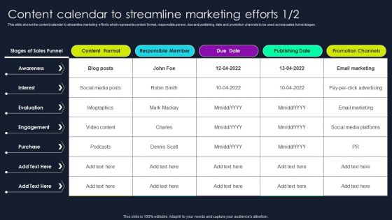 Lead Nurturing Tactics For Lead Generation Content Calendar To Streamline Marketing Efforts Summary PDF