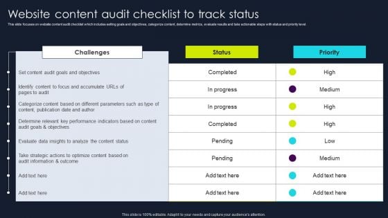 Lead Nurturing Tactics For Lead Generation Website Content Audit Checklist To Track Status Elements PDF