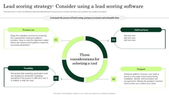 Lead Scoring Strategy Consider Using A Lead Scoring Software Enhancing Client Lead Conversion Rates Infographics PDF