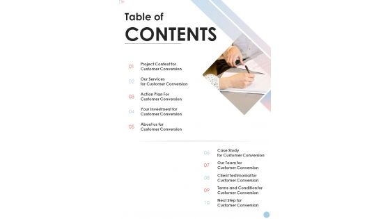 Lead To Customer Conversion Proposal Table Of Contents One Pager Sample Example Document