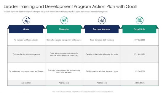 Leader Training And Development Program Action Plan With Goals Portrait PDF