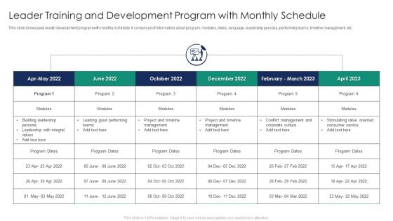 Leader Training And Development Program With Monthly Schedule Demonstration PDF