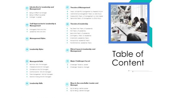 Leader Vs Administrators Table Of Content Ppt Ideas Structure PDF