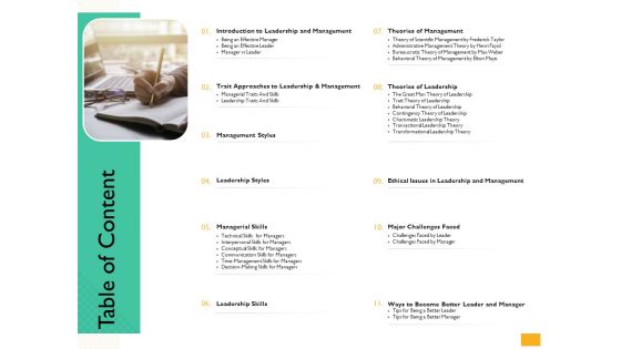 Leaders Vs Managers Table Of Content Ppt Layouts Slide Portrait PDF