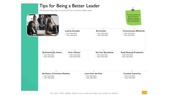 Leaders Vs Managers Tips For Being A Better Leader Ppt Infographic Template Design Templates PDF