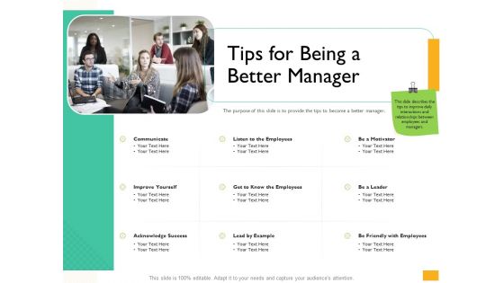 Leaders Vs Managers Tips For Being A Better Manager Ppt Layouts Styles PDF
