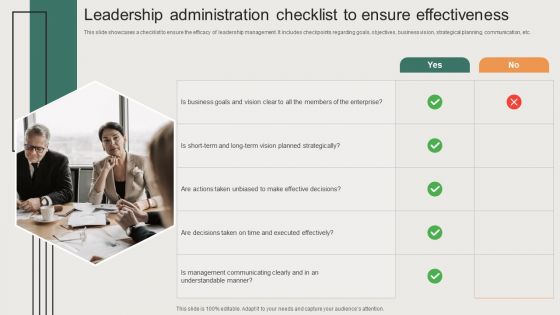 Leadership Administration Checklist To Ensure Effectiveness Background PDF