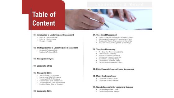 Leadership And Management Table Of Content Themes PDF