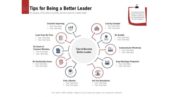 Leadership And Management Tips For Being A Better Leader Icons PDF