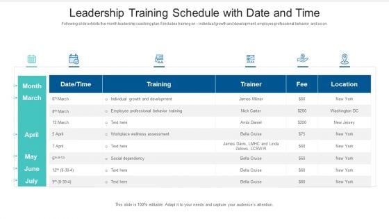 Leadership Training Schedule With Date And Time Ppt PowerPoint Presentation File Background Images PDF