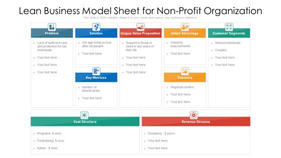 Lean Business Model Sheet For Non-Profit Organization Ppt PowerPoint Presentation File Grid PDF
