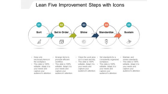 Lean Five Improvement Steps With Icons Ppt PowerPoint Presentation Layouts Samples