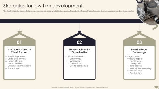 Legal Advisory Company Description Strategies For Law Firm Development Graphics PDF