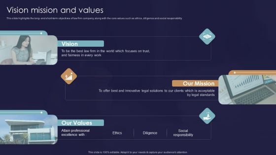 Legal And Law Assistance LLP Business Vision Mission And Values Infographics PDF