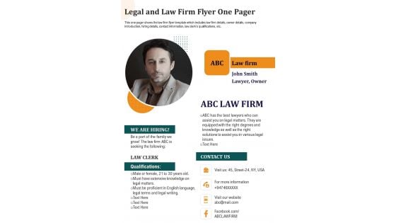 Legal And Law Firm Flyer One Pager PDF Document PPT Template