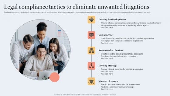 Legal Compliance Tactics To Eliminate Unwanted Litigations Icons PDF