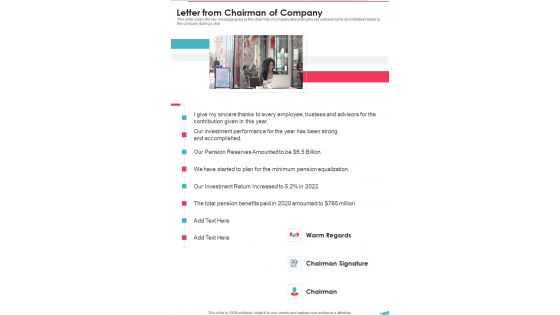 Letter From Chairman Of Company One Pager Documents