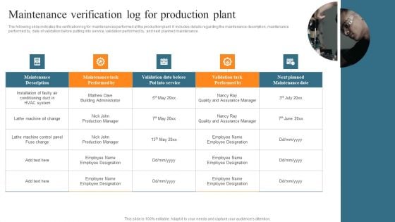 Leveraging Predictive Maintenance To Enhance Production Process Maintenance Verification Log For Production Plant Background PDF