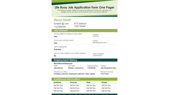 Life Buoy Job Application Form One Pager PDF Document PPT Template