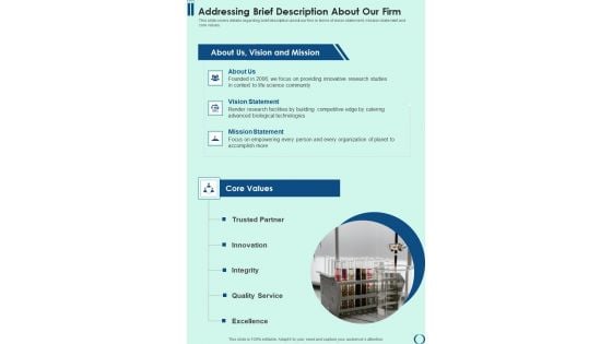 Life Science Assessment Project Addressing Brief Description About Our Firm One Pager Sample Example Document Life Science Assessment Project Addressing Brief Description About Our Firm One Pager Sample Example Document