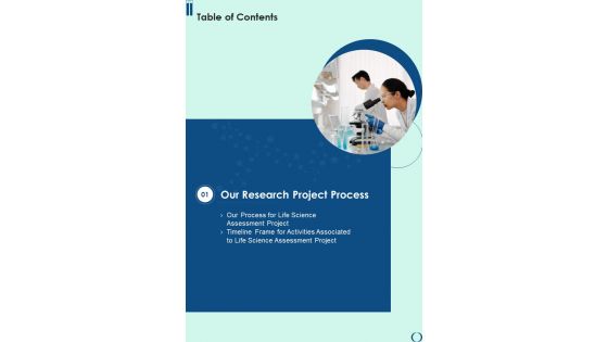 Life Science Assessment Project Proposal Table Of Contents One Pager Sample Example Document