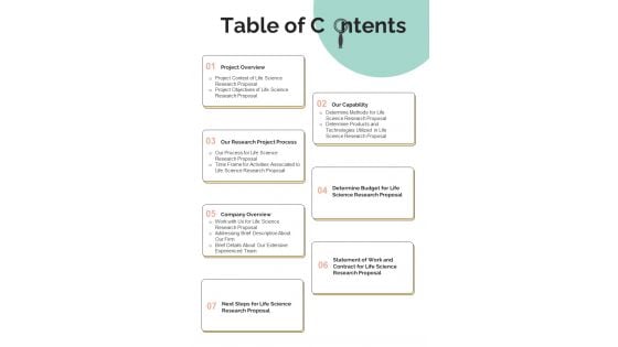 Life Science Research Proposal Table Of Contents One Pager Sample Example Document