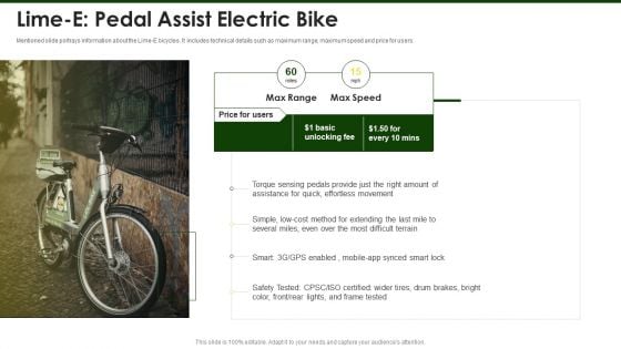 Lime Investor Fundraising Elevator Lime E Pedal Assist Electric Bike Ppt Pictures Portfolio PDF