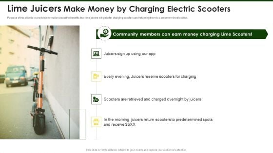 Lime Investor Fundraising Elevator Lime Juicers Make Money By Charging Electric Scooters Ppt Layouts Graphics PDF