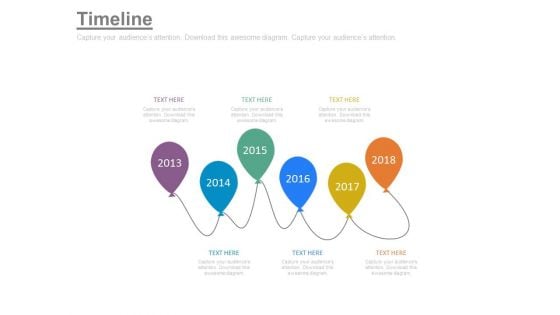 Linear Balloons Timeline Diagram With Years Powerpoint Slides