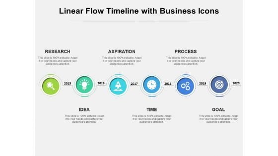 Linear Flow Timeline With Business Icons Ppt PowerPoint Presentation Ideas Background Images PDF