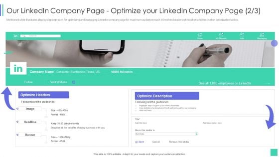 Linkedin Marketing For New Ventures Our Linkedin Company Page Optimize Your Linkedin Slides PDF