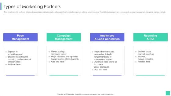 Linkedin Marketing For New Ventures Types Of Marketing Partners Brochure PDF
