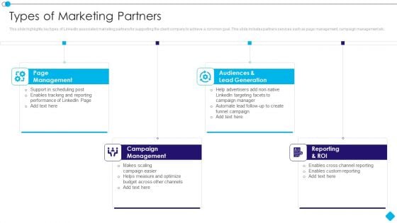 Linkedin Promotion Services Types Of Marketing Partners Slides PDF Linkedin Promotion Services Types Of Marketing Partners Slides PDF