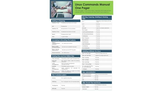 Linux Commands Manual One Pager PDF Document PPT Template