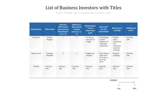 List Of Business Investors With Titles Ppt PowerPoint Presentation Gallery Graphics Example PDF