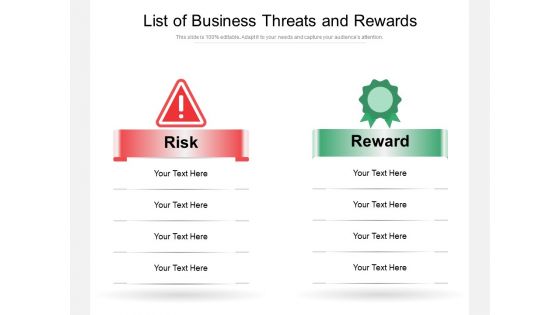 List Of Business Threats And Rewards Ppt PowerPoint Presentation Pictures Template PDF List Of Business Threats And Rewards Ppt PowerPoint Presentation Pictures Template PDF