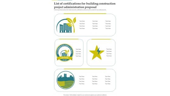 List Of Certifications For Building Construction Project Administration Proposal One Pager Sample Example Document List Of Certifications For Building Construction Project Administration Proposal One Pager Sample Example Document