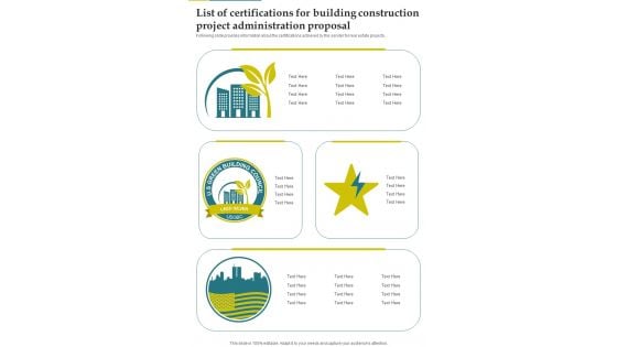 List Of Certifications For Building Construction Project Administration Proposal One Pager Sample Example Document