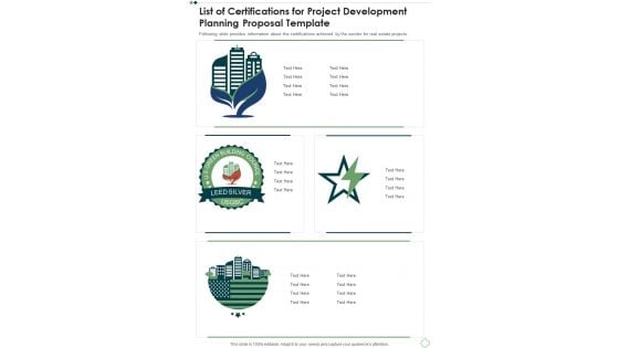 List Of Certifications For Project Development Planning Proposal Template One Pager Sample Example Document List Of Certifications For Project Development Planning Proposal Template One Pager Sample Example Document